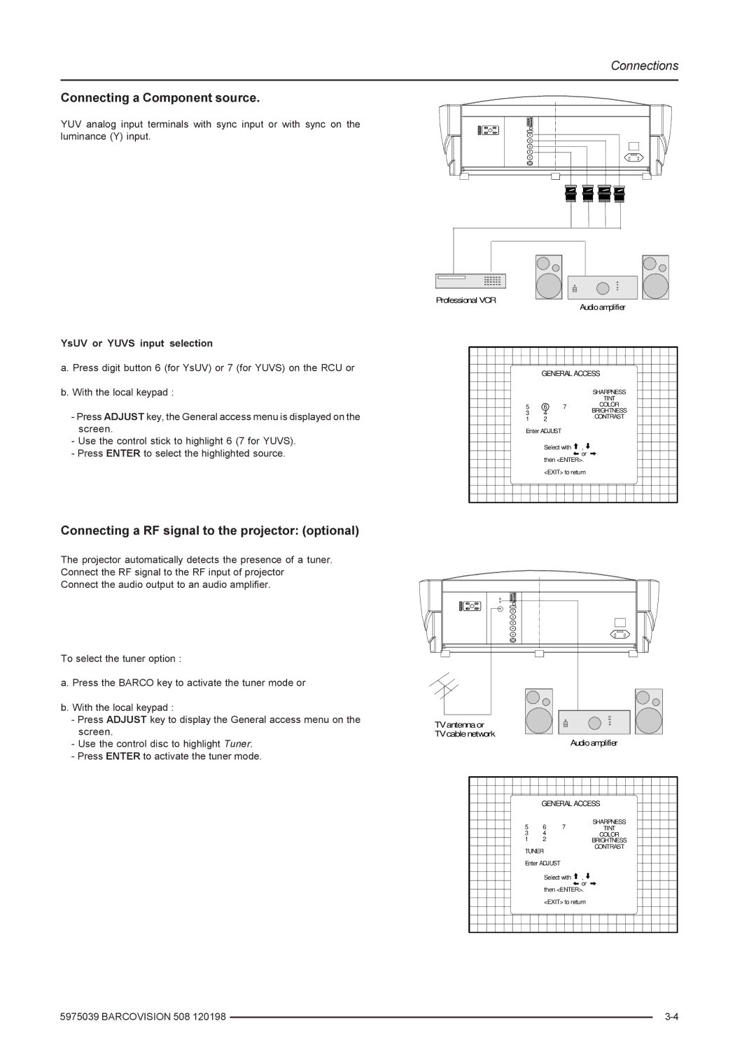 Barco R9002139, R9002130, R5975039 Connecting a Component source, Connecting a RF signal to the projector optional 