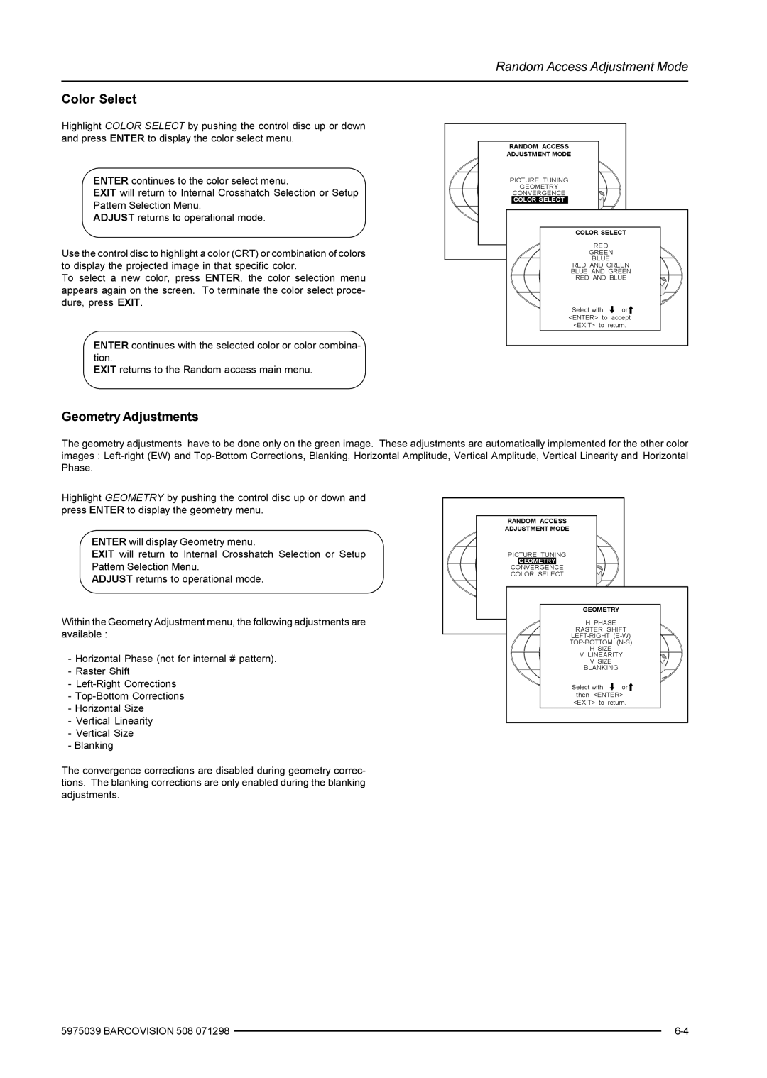 Barco R9002139, R9002130, R5975039 owner manual Color Select, Geometry Adjustments 