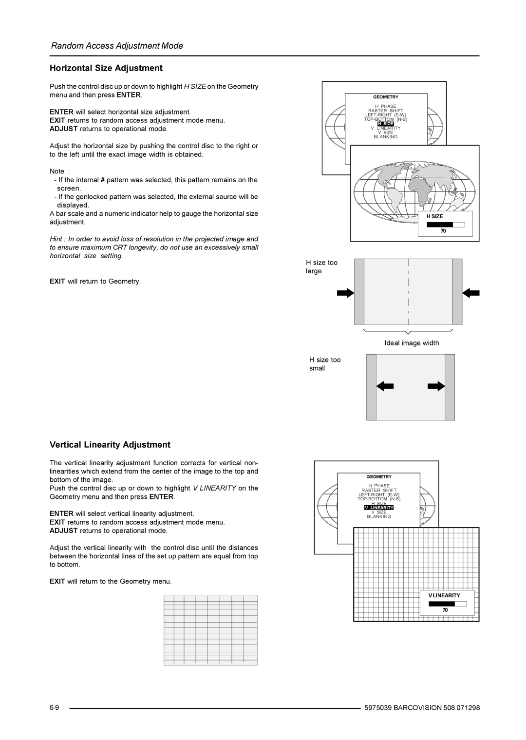 Barco R9002130, R9002139, R5975039 owner manual Horizontal Size Adjustment, Vertical Linearity Adjustment 