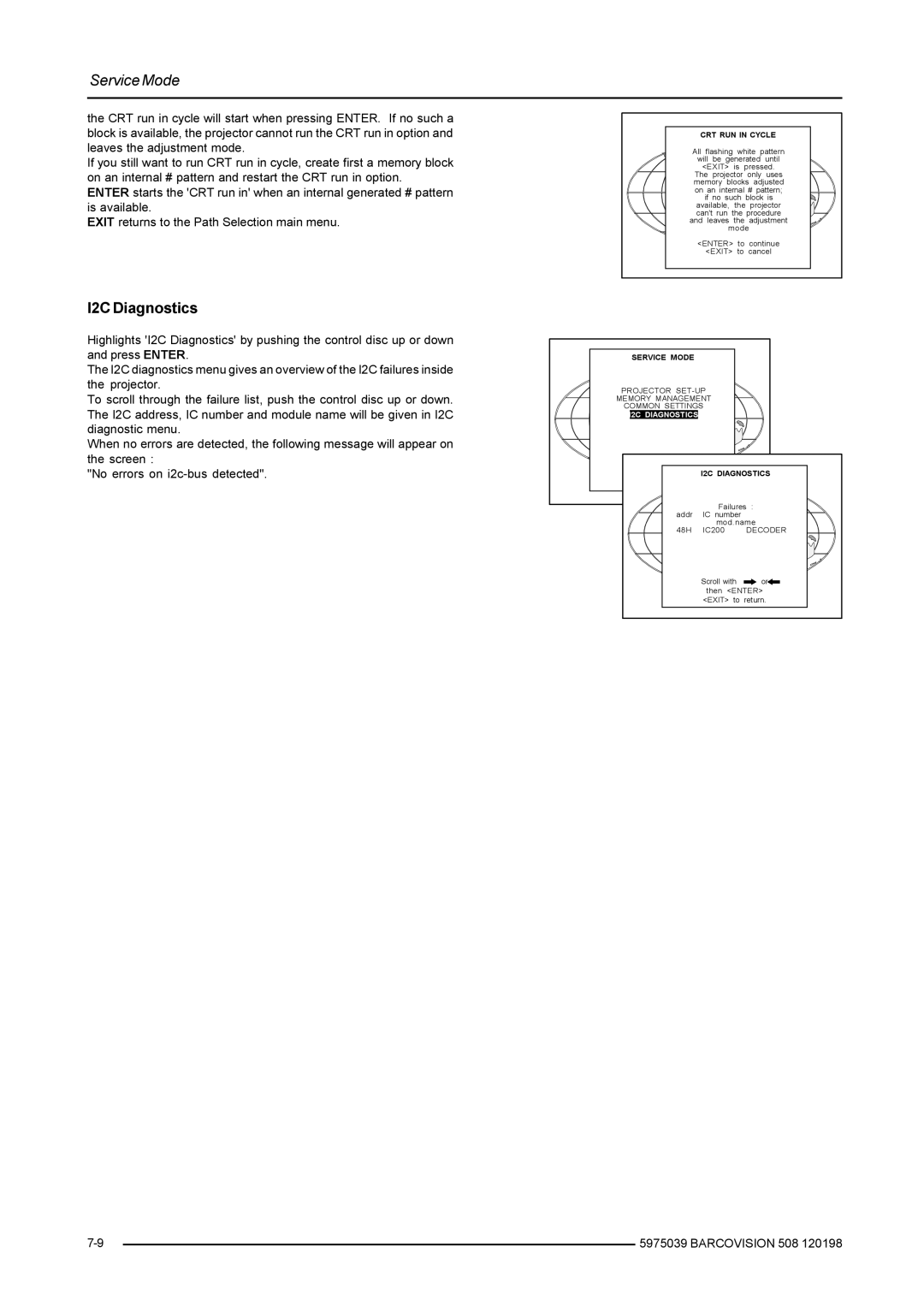 Barco R9002130, R9002139, R5975039 owner manual I2C Diagnostics 