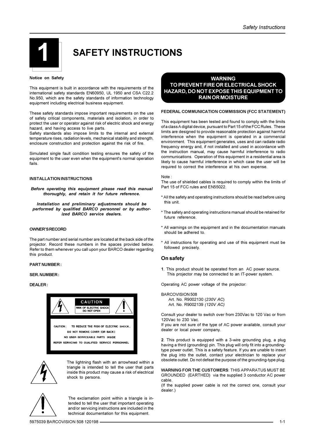 Barco R5975039, R9002130, R9002139 owner manual Safety Instructions, On safety 