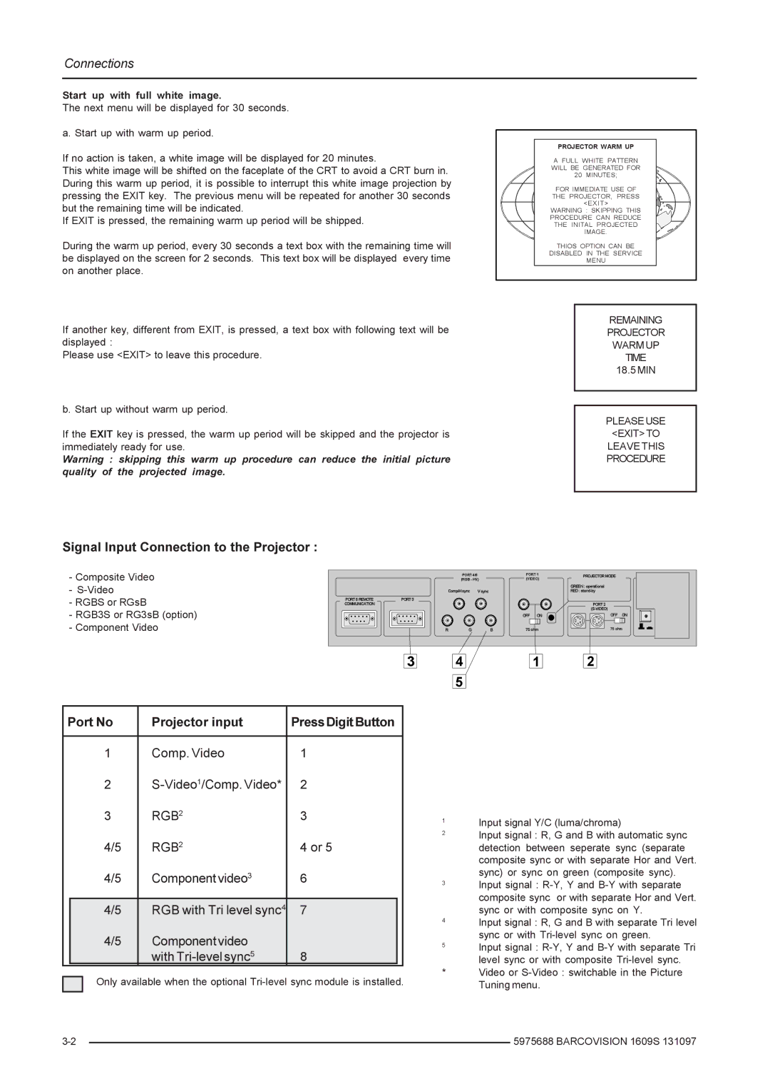 Barco R9002240, R9002249 owner manual Signal Input Connection to the Projector, Remaining Projector Warm UP Time 