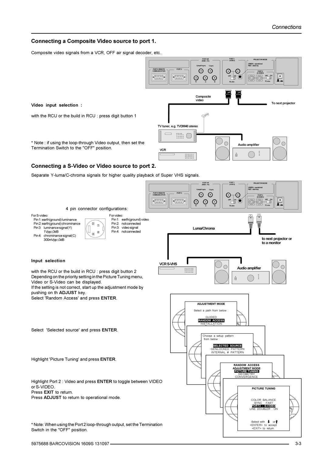 Barco R9002249, R9002240 Connecting a Composite Video source to port, Connecting a S-Video or Video source to port 