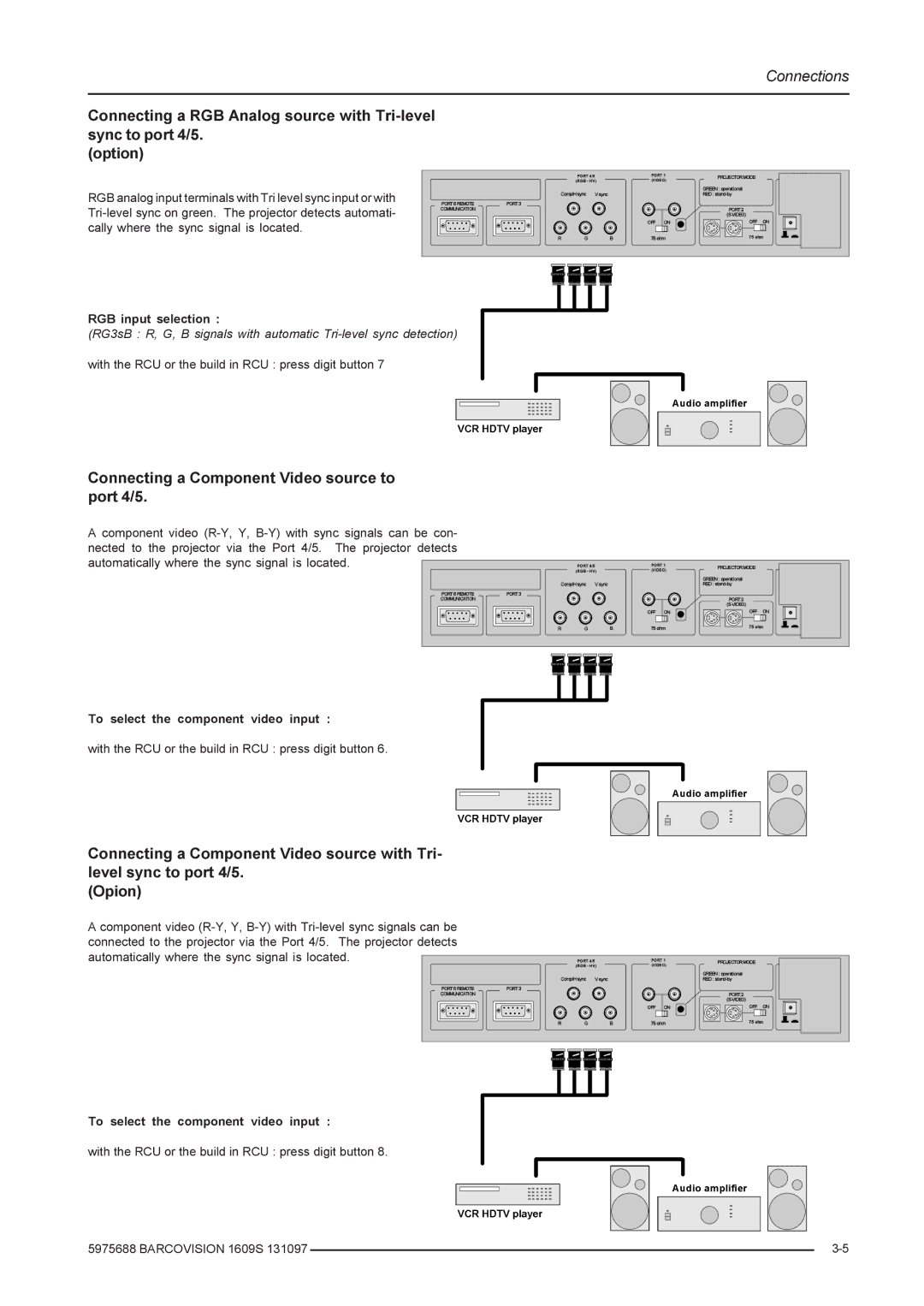 Barco R9002249, R9002240 owner manual Connecting a Component Video source to port 4/5 