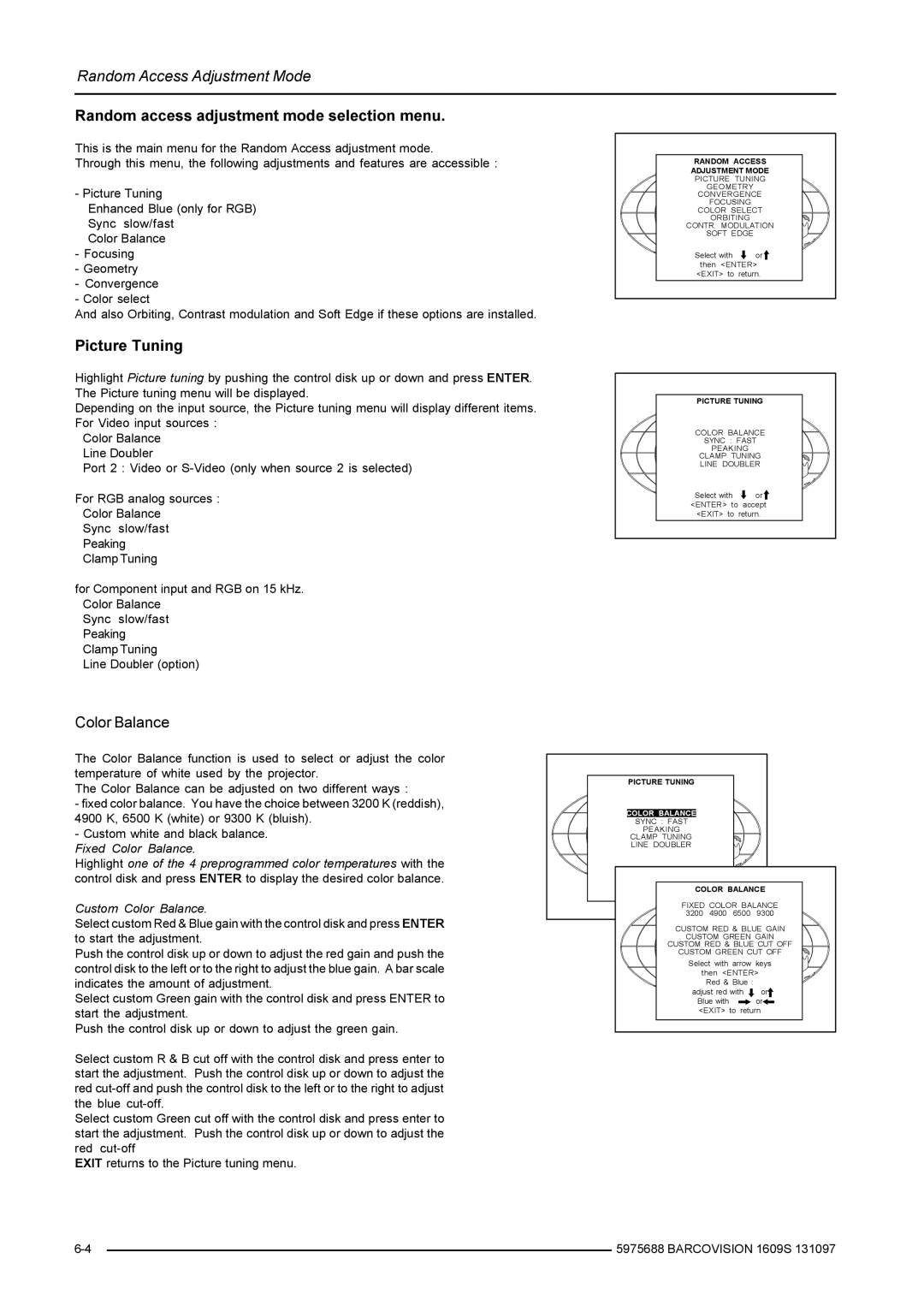 Barco R9002240, R9002249 owner manual Random access adjustment mode selection menu, Picture Tuning, Color Balance 