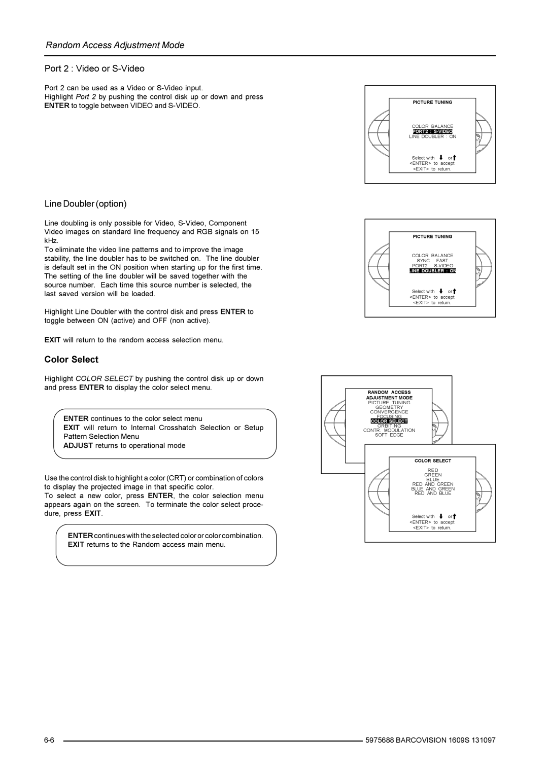 Barco R9002240, R9002249 owner manual Port 2 Video or S-Video, Line Doubler option, Color Select, Line Doubler on 