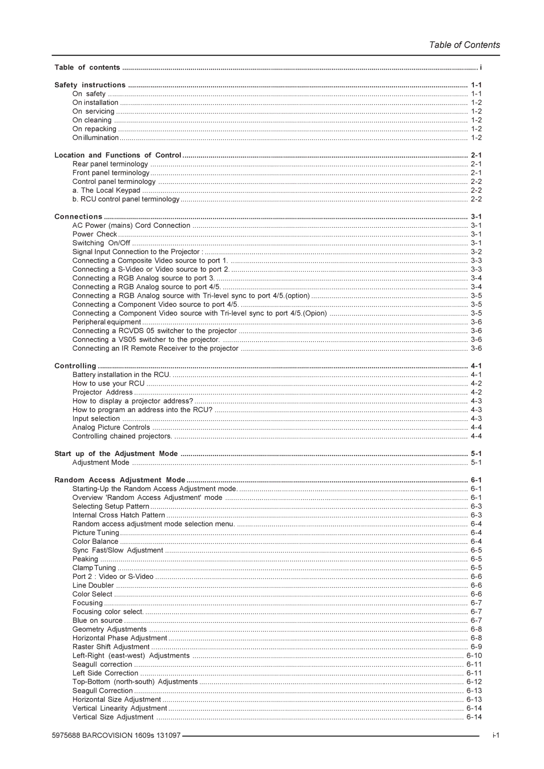 Barco R9002249, R9002240 owner manual Table of Contents 