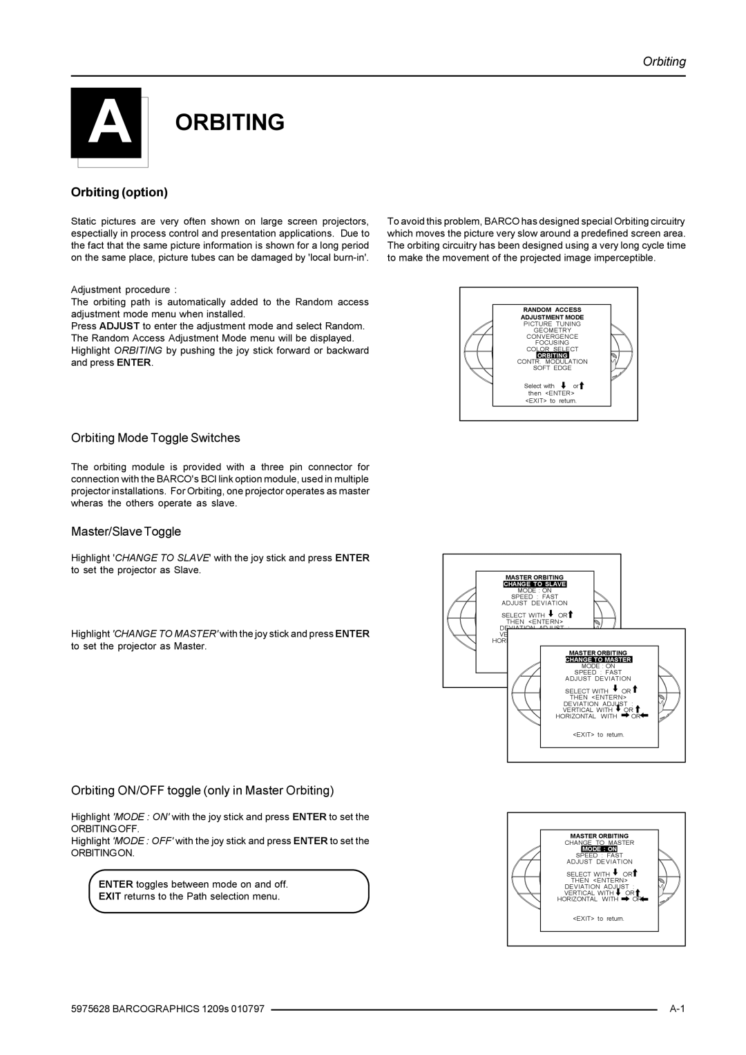 Barco R9002249, R9002240 owner manual Orbiting option, Orbiting Mode Toggle Switches, Master/Slave Toggle 