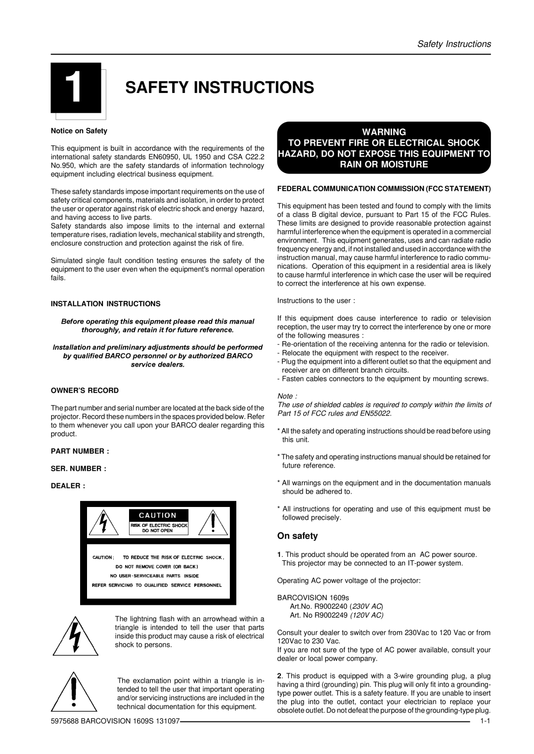 Barco R9002249, R9002240 owner manual Safety Instructions 