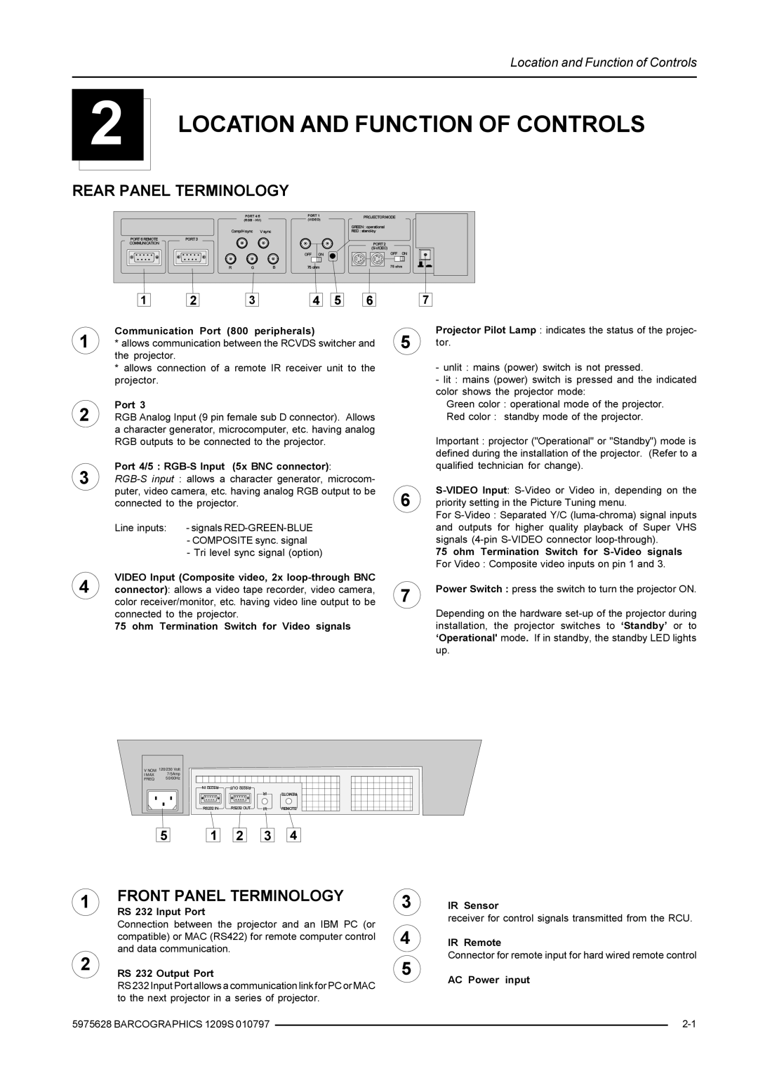 Barco R9002249, R9002240 owner manual Location and Function of Controls, Rear Panel Terminology 