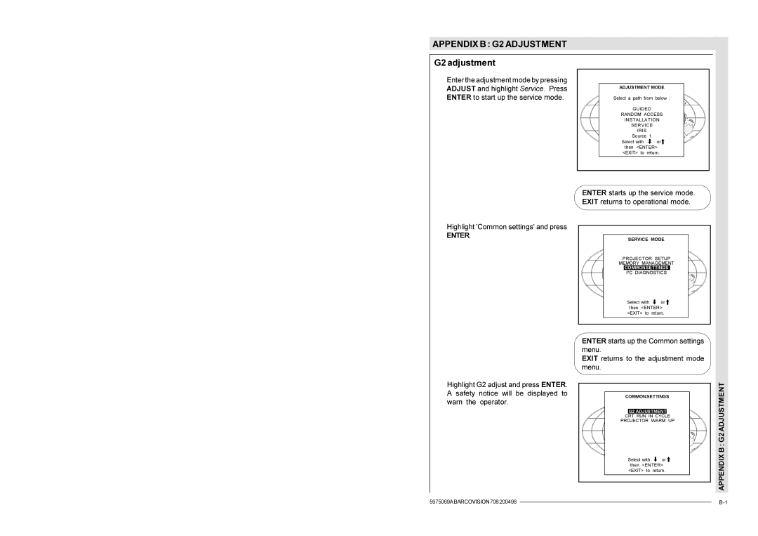 Barco R9002327, R9002328 installation manual Appendix B G2 Adjustment, G2 adjustment 