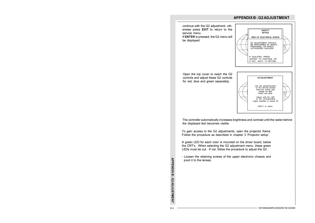 Barco R9002328, R9002327 installation manual Appendix B G2 Adjustment 