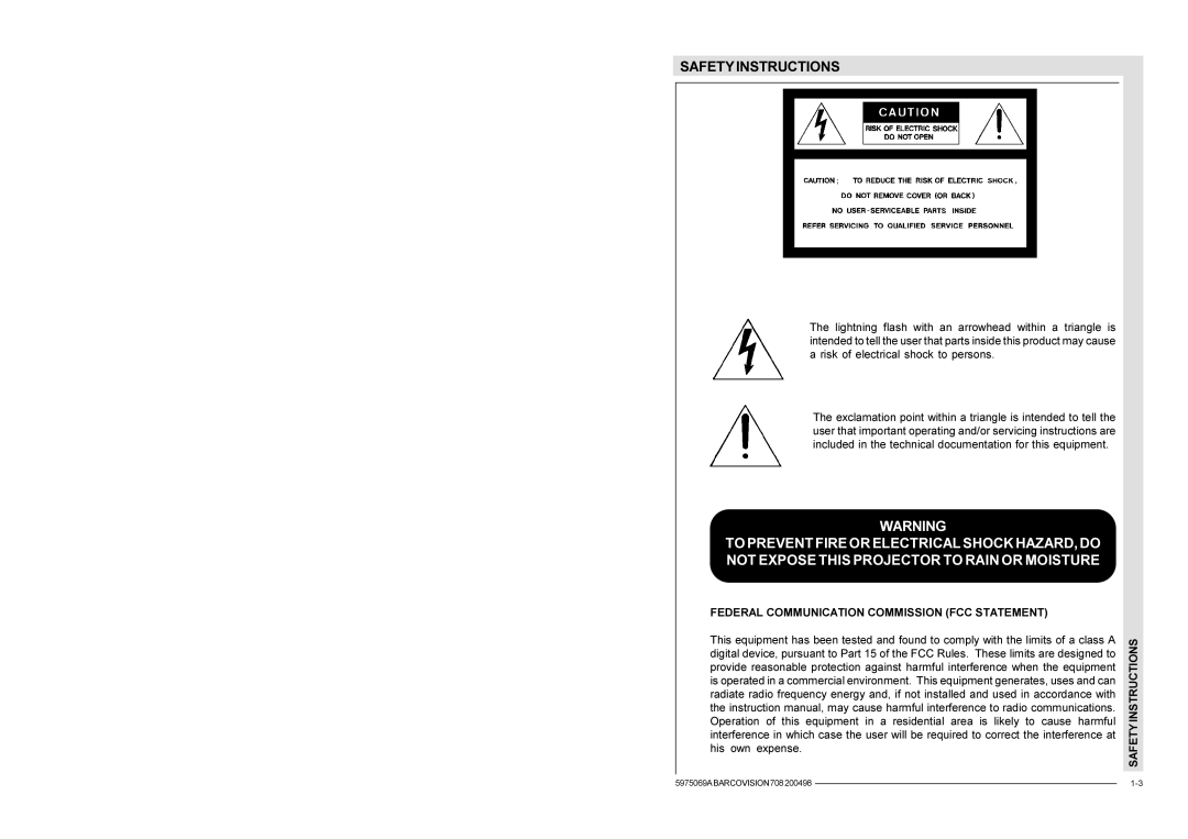 Barco R9002328, R9002327 installation manual Safetyinstructions 