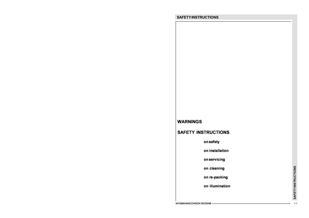 Barco R9002328, R9002327 Warnings Safety Instructions, Safetyinstructions, on illumination, 5975069ABARCOVISION708200498 