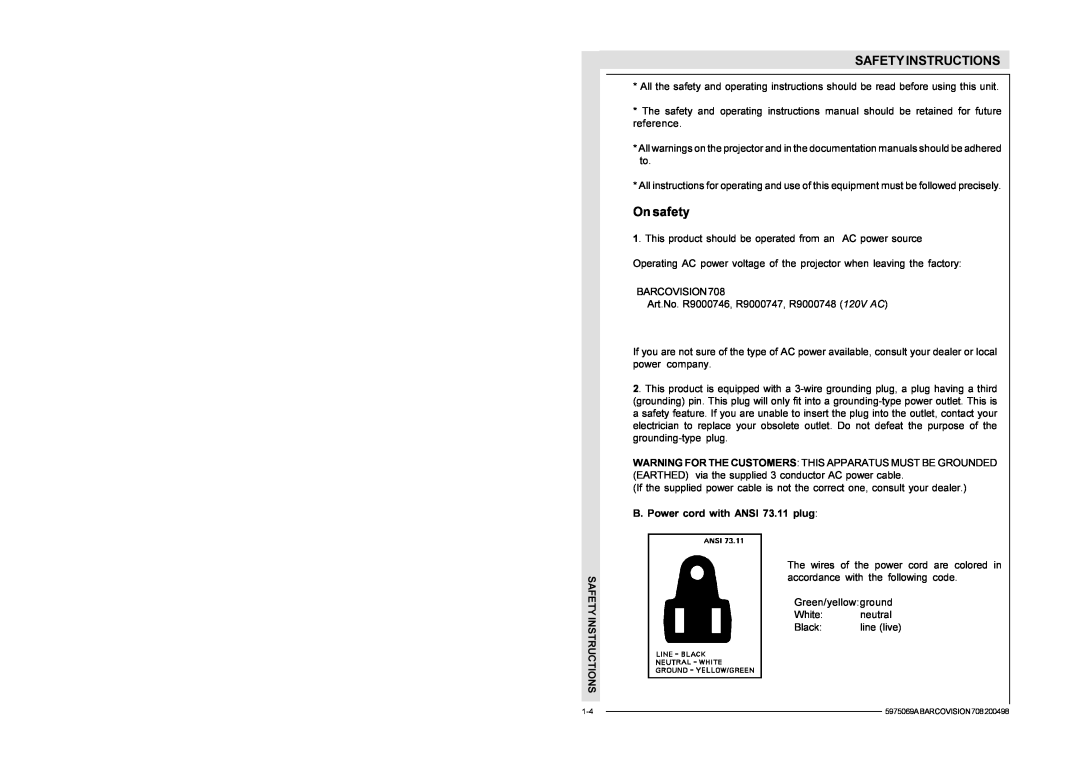 Barco R9002327, R9002328 installation manual On safety, Safetyinstructions 