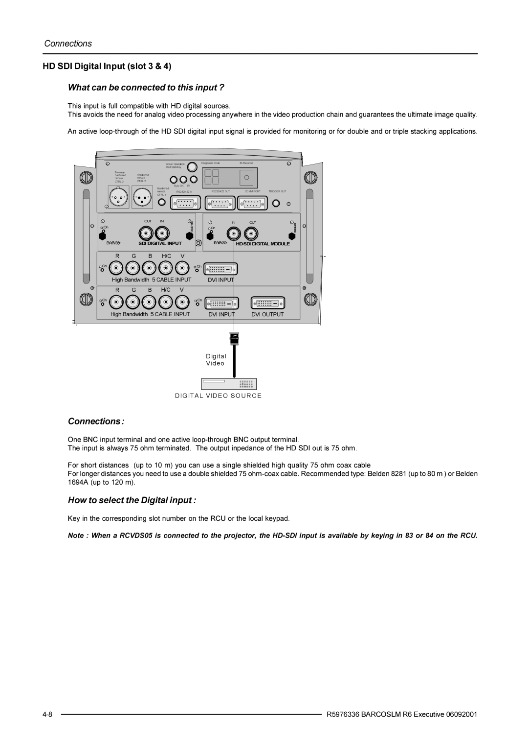 Barco R9002790 manual HD SDI Digital Input slot 3 