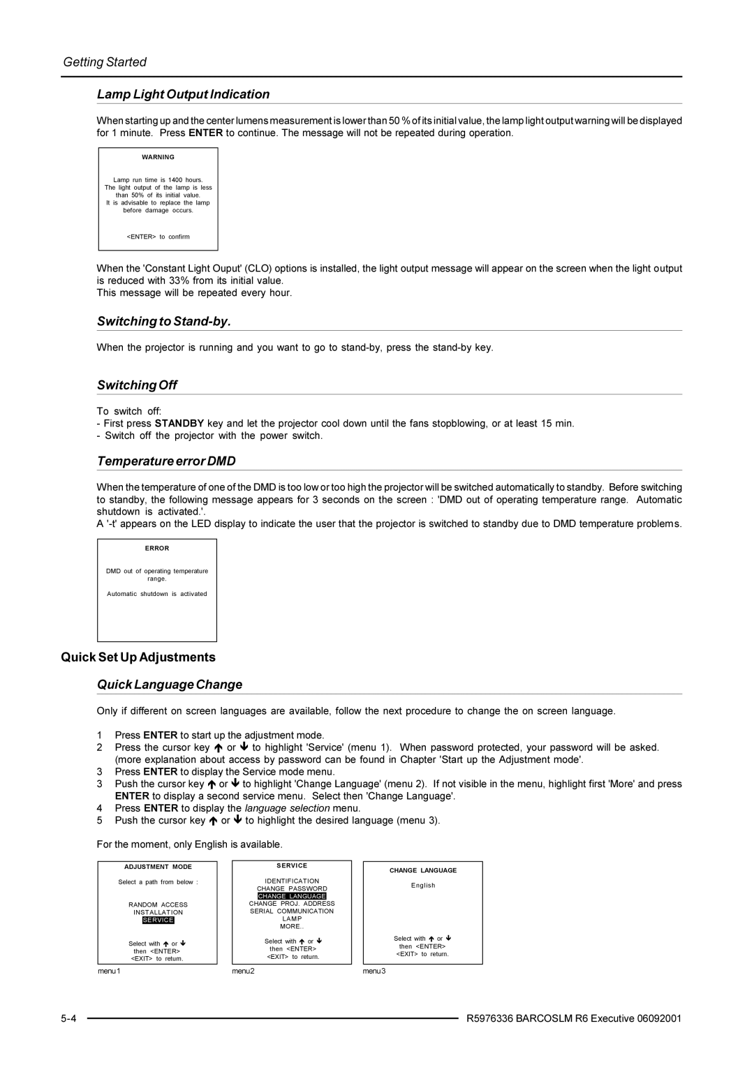 Barco R9002790 manual Temperature error DMD, Quick Language Change, Error, Service, Change Language 