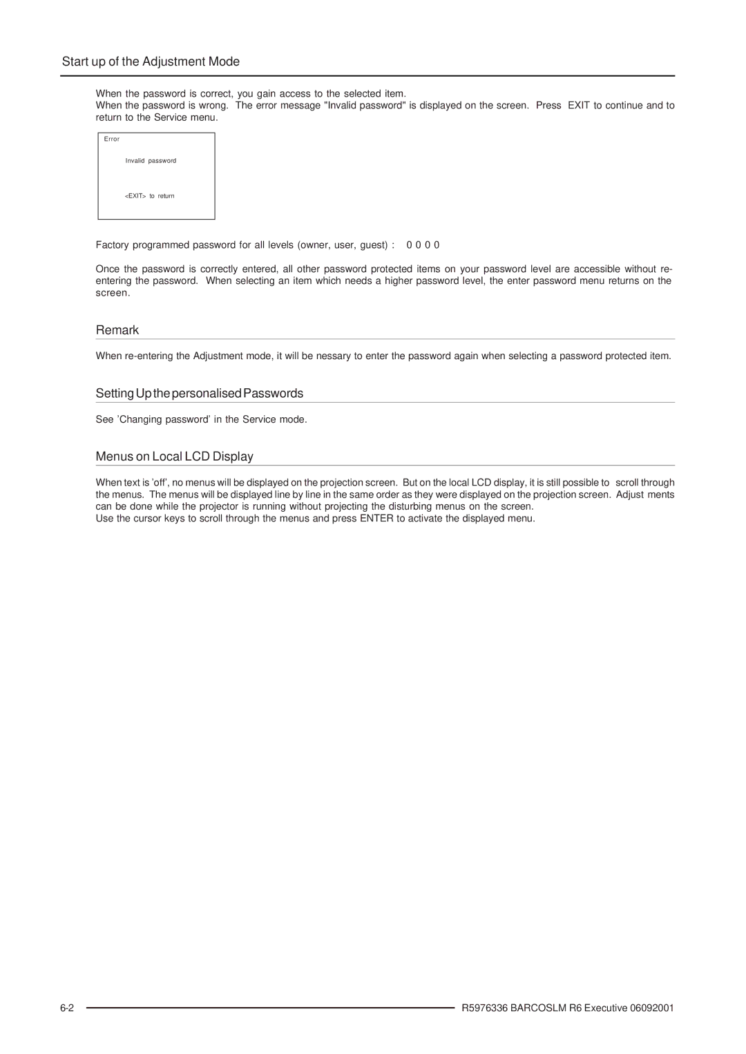 Barco R9002790 manual Remark, Setting Up the personalised Passwords, Menus on Local LCD Display 