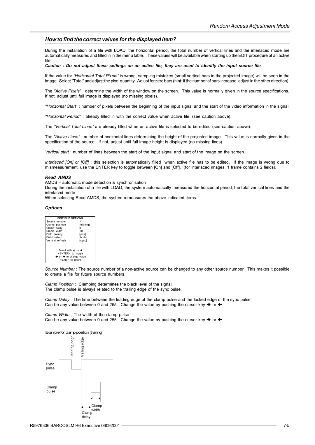 Barco R9002790 manual How to find the correct values for the displayed item?, Edit File Options 