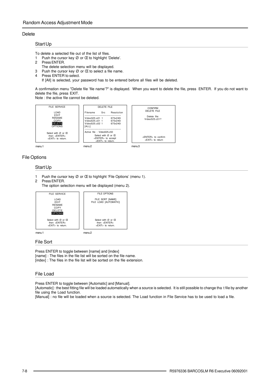 Barco R9002790 manual File Sort, File Load, Confirm Delete File, File Options 