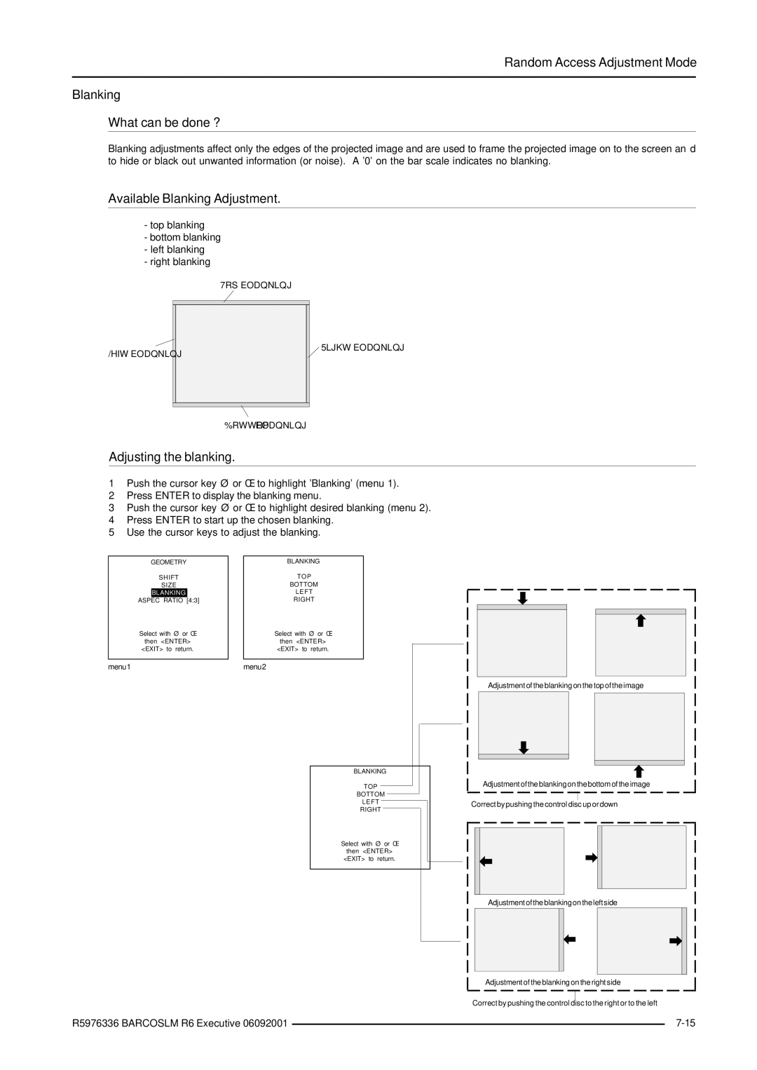 Barco R9002790 manual Available Blanking Adjustment, Adjusting the blanking 