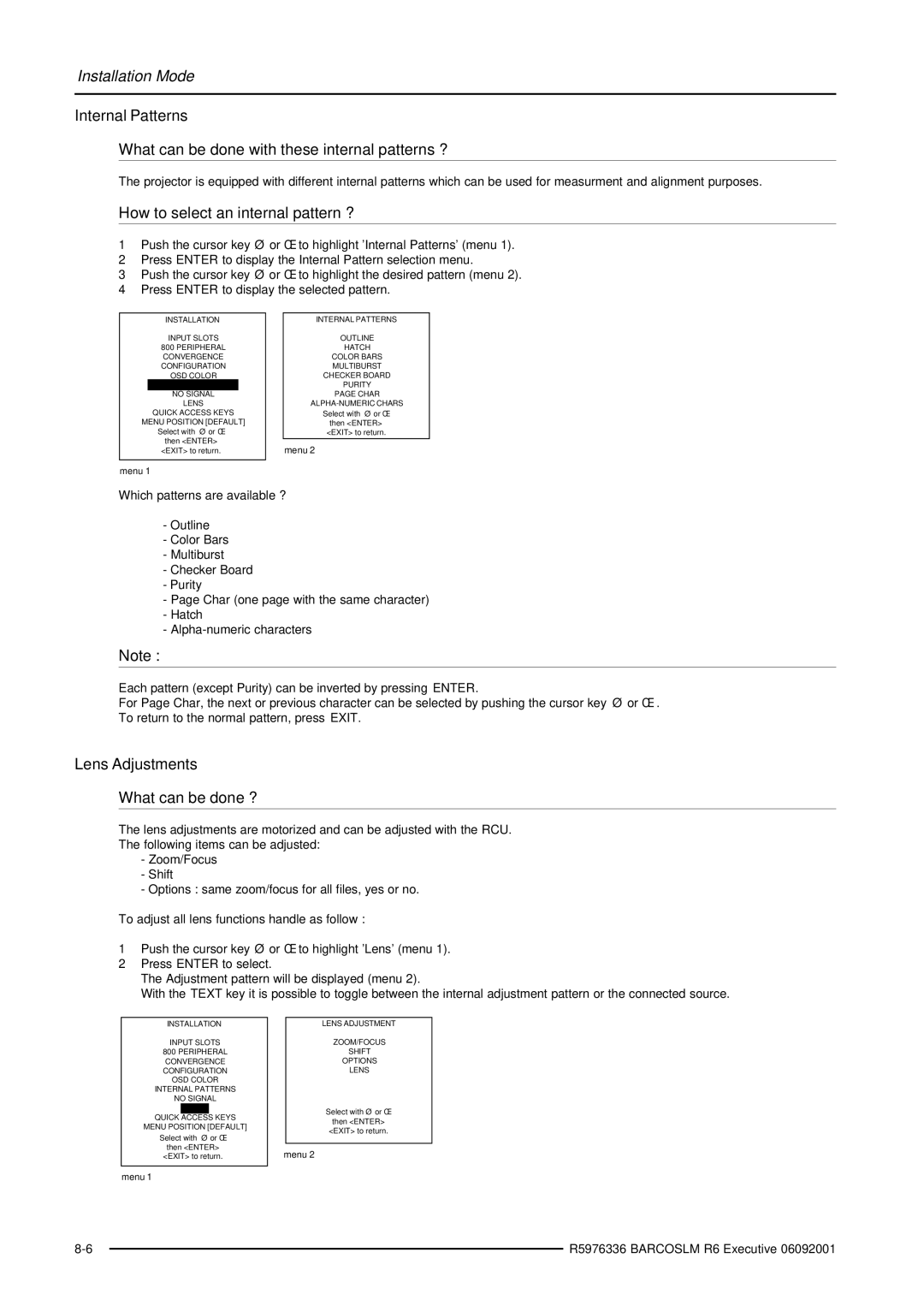 Barco R9002790 manual What can be done with these internal patterns ?, How to select an internal pattern ? 