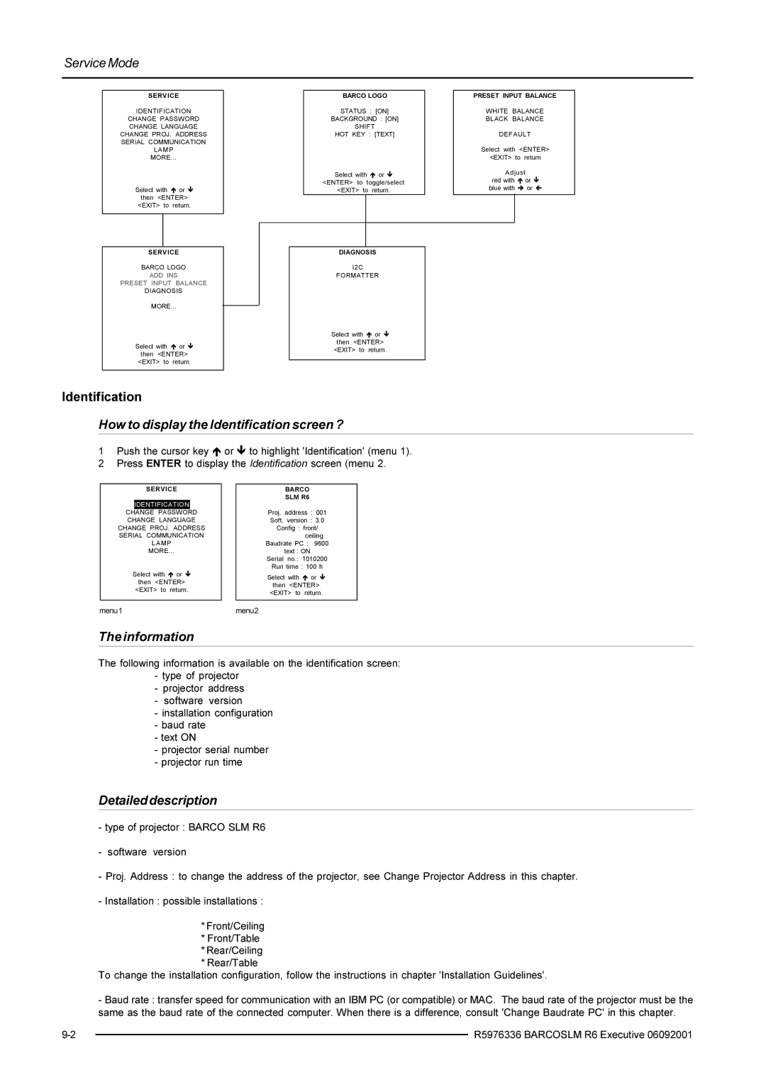 Barco R9002790 manual How to display the Identification screen ?, Information, Detailed description 