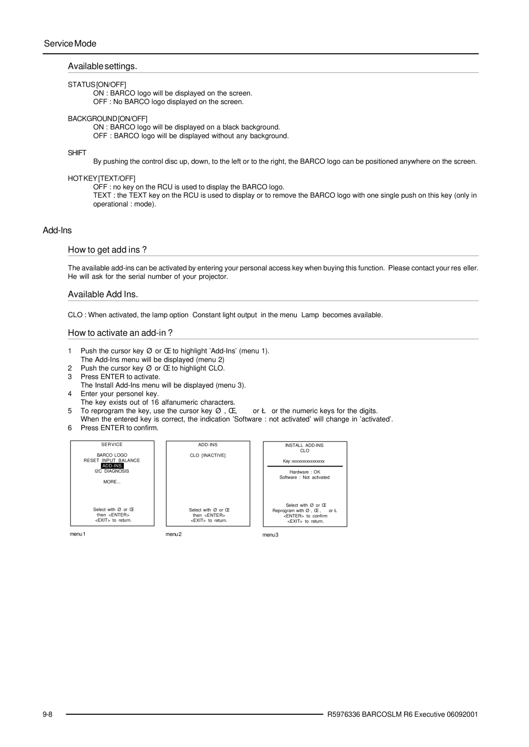 Barco R9002790 manual Available settings, How to get add ins ?, Available Add Ins, How to activate an add-in ? 