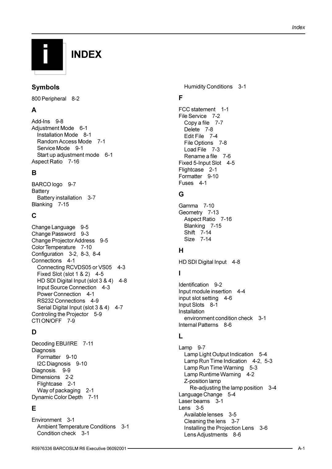 Barco R9002790 manual Index 