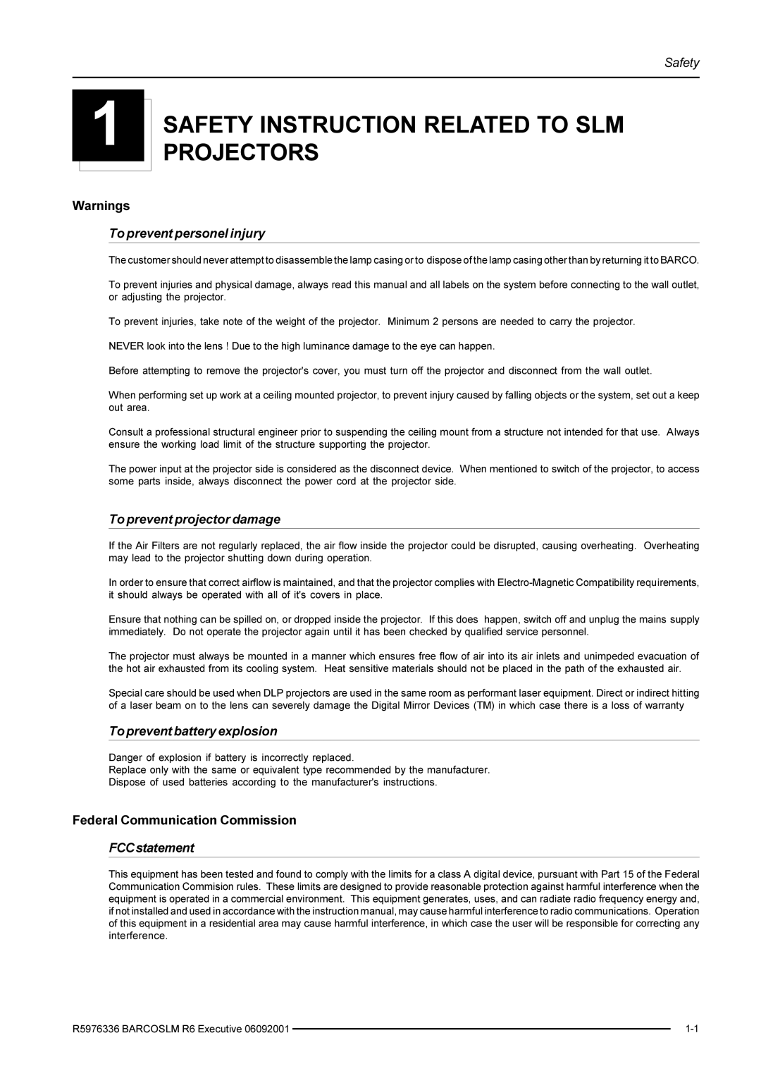 Barco R9002790 manual Safety Instruction Related to SLM Projectors, To prevent personel injury, To prevent projector damage 