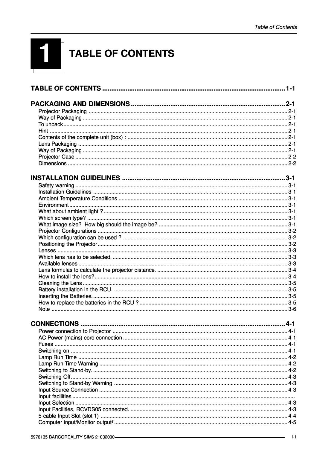 Barco R9040111, R9040110, R9040100 Table Of Contents, Table of Contents, Packaging And Dimensions, Installation Guidelines 