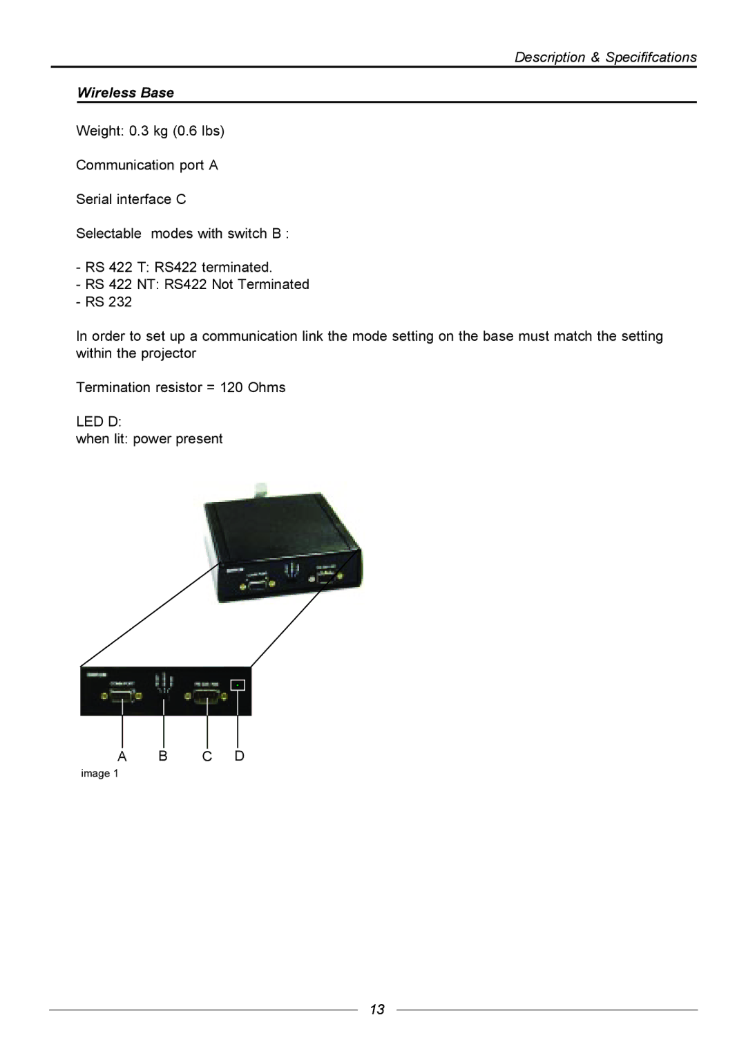 Barco R9840170, R9840171, R9840176 manual Description & Specififcations Wireless Base 