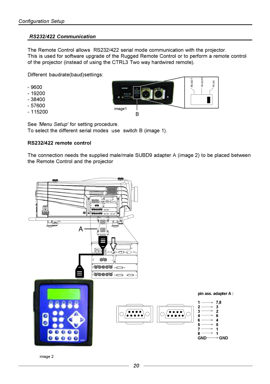 Barco R9840176, R9840171, R9840170 manual ASLQ*1DVVDGDSWHU*1$, Configuration Setup RS232/422 Communication 