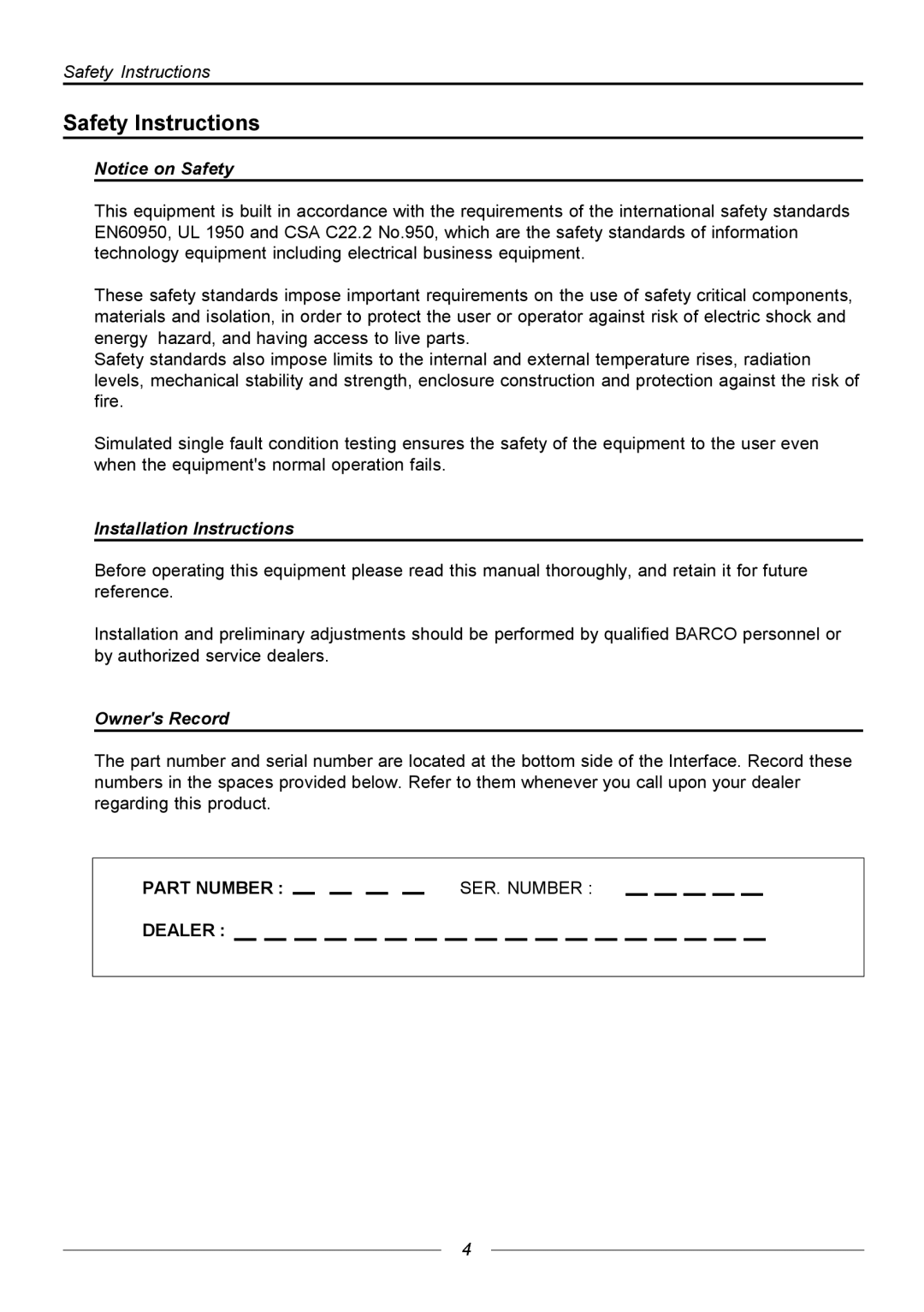 Barco R9840170, R9840171, R9840176 manual Safety Instructions, Installation Instructions, Owners Record 