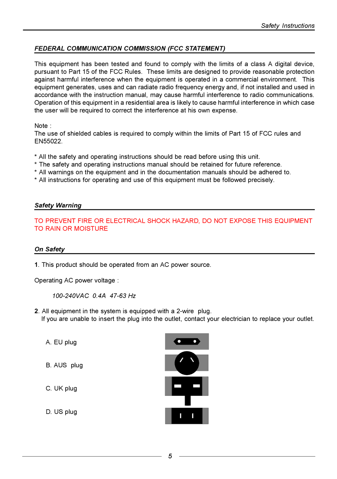 Barco R9840176, R9840171, R9840170 manual Safety Warning, On Safety, 100-240VAC 0.4A 47-63 Hz 