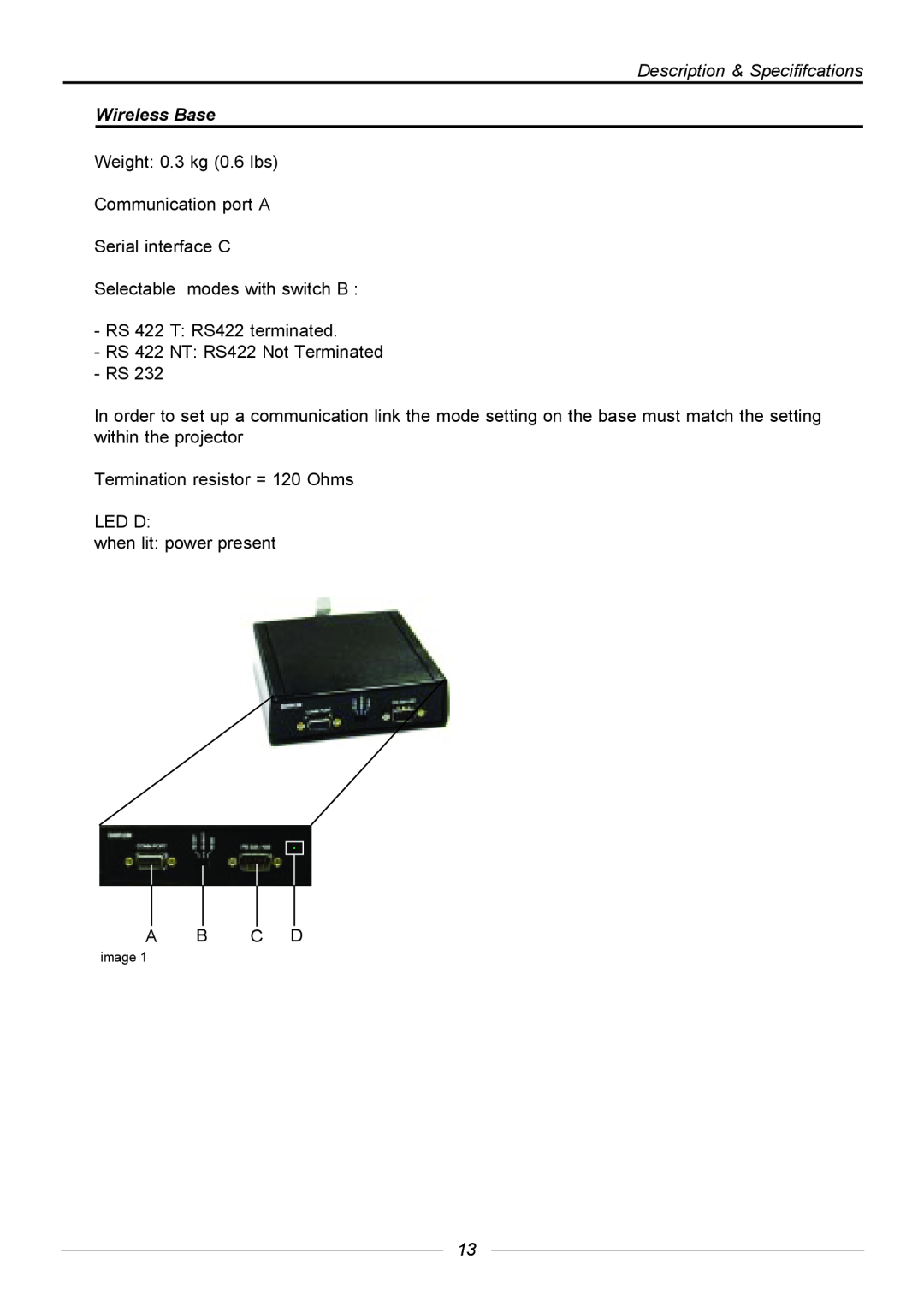 Barco R9840170 Description & Specififcations Wireless Base, Weight 0.3 kg 0.6 lbs Communication port A Serial interface C 