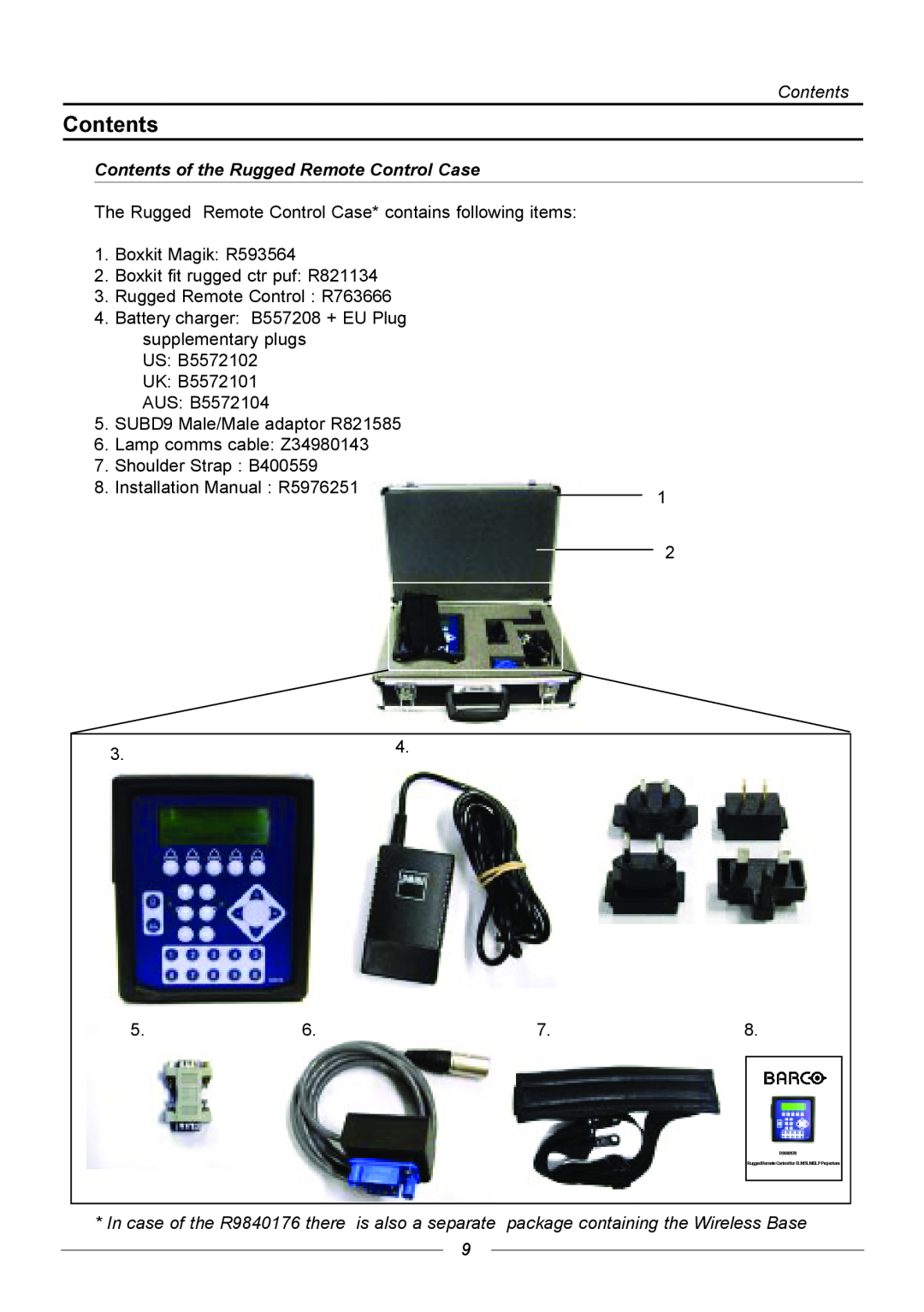 Barco R9840171, R9840170, R9840176 manual Contents of the Rugged Remote Control Case 
