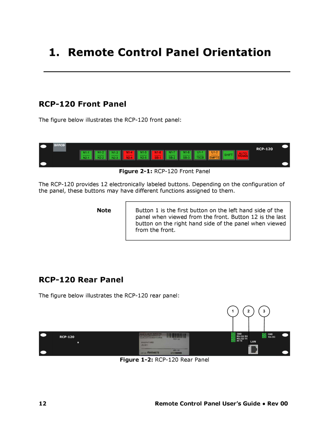 Barco RCP-120 manual Remote Control Panel Orientation, RCP120 Front Panel, RCP120 Rear Panel 