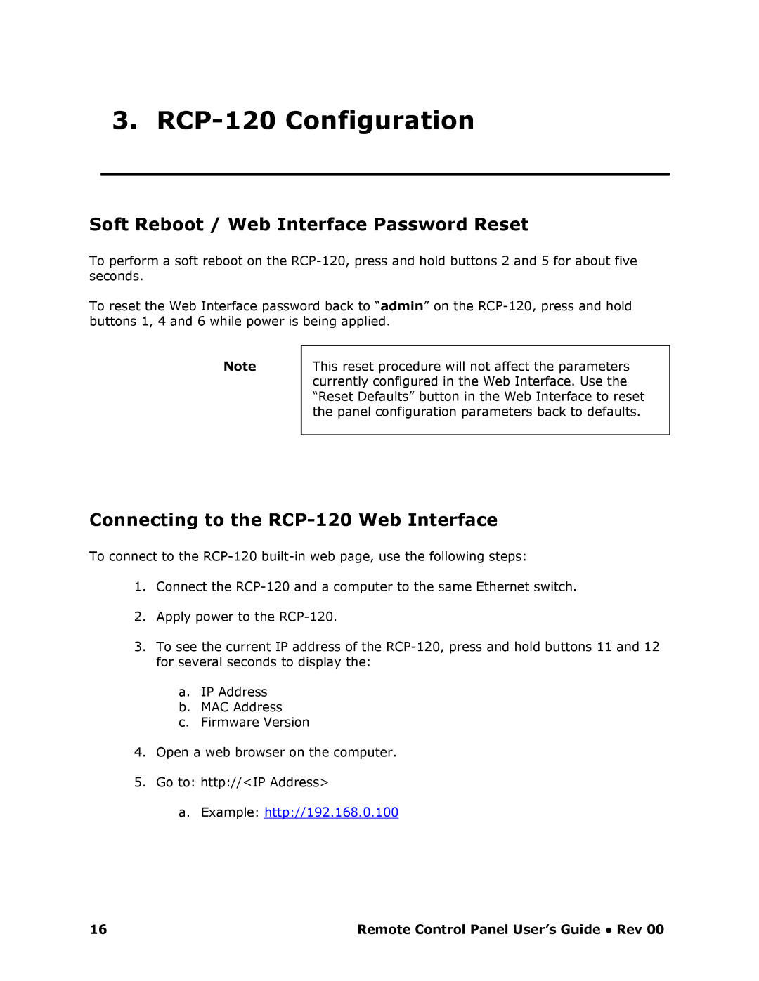 Barco RCP-120 RCP120 Configuration, Soft Reboot / Web Interface Password Reset, Connecting to the RCP120 Web Interface 