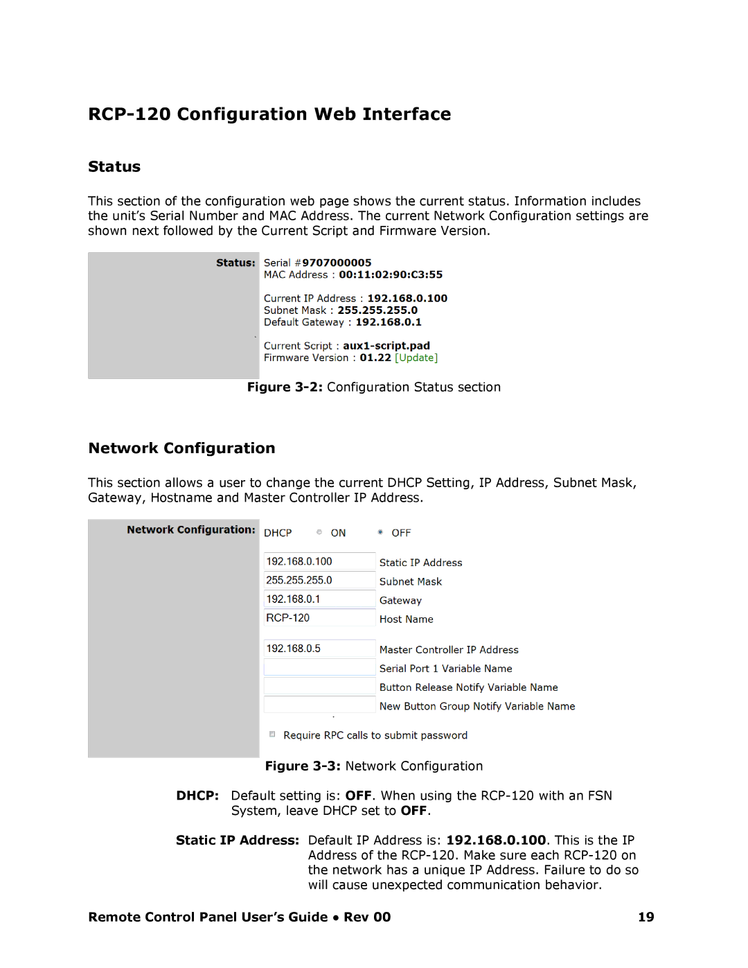 Barco RCP-120 manual RCP120 Configuration Web Interface, Status, Network Configuration 