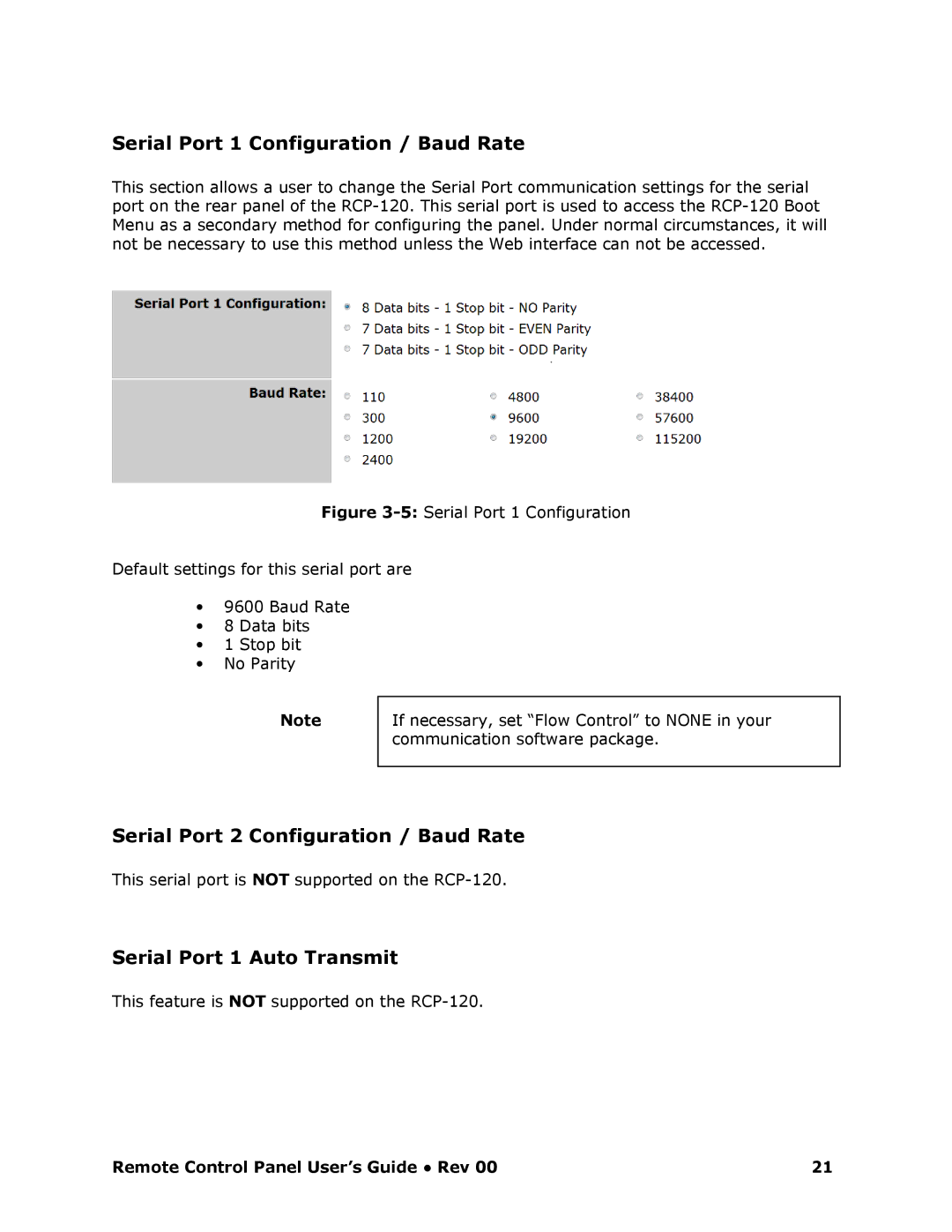 Barco RCP-120 manual Serial Port 1 Configuration / Baud Rate, Serial Port 2 Configuration / Baud Rate 