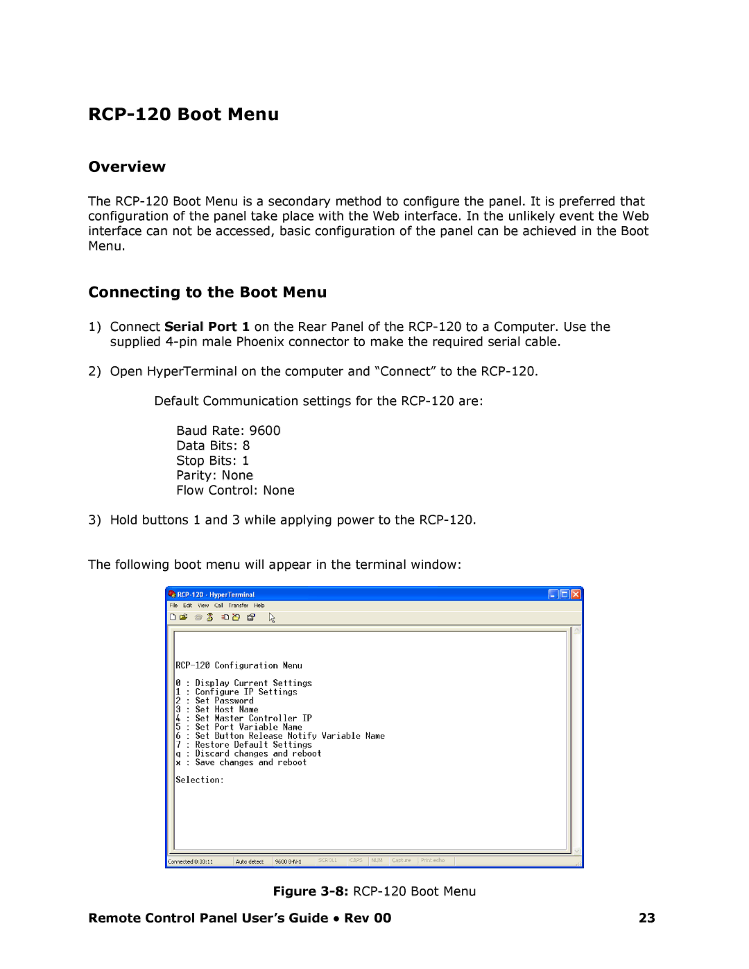 Barco RCP-120 manual RCP120 Boot Menu, Overview, Connecting to the Boot Menu 