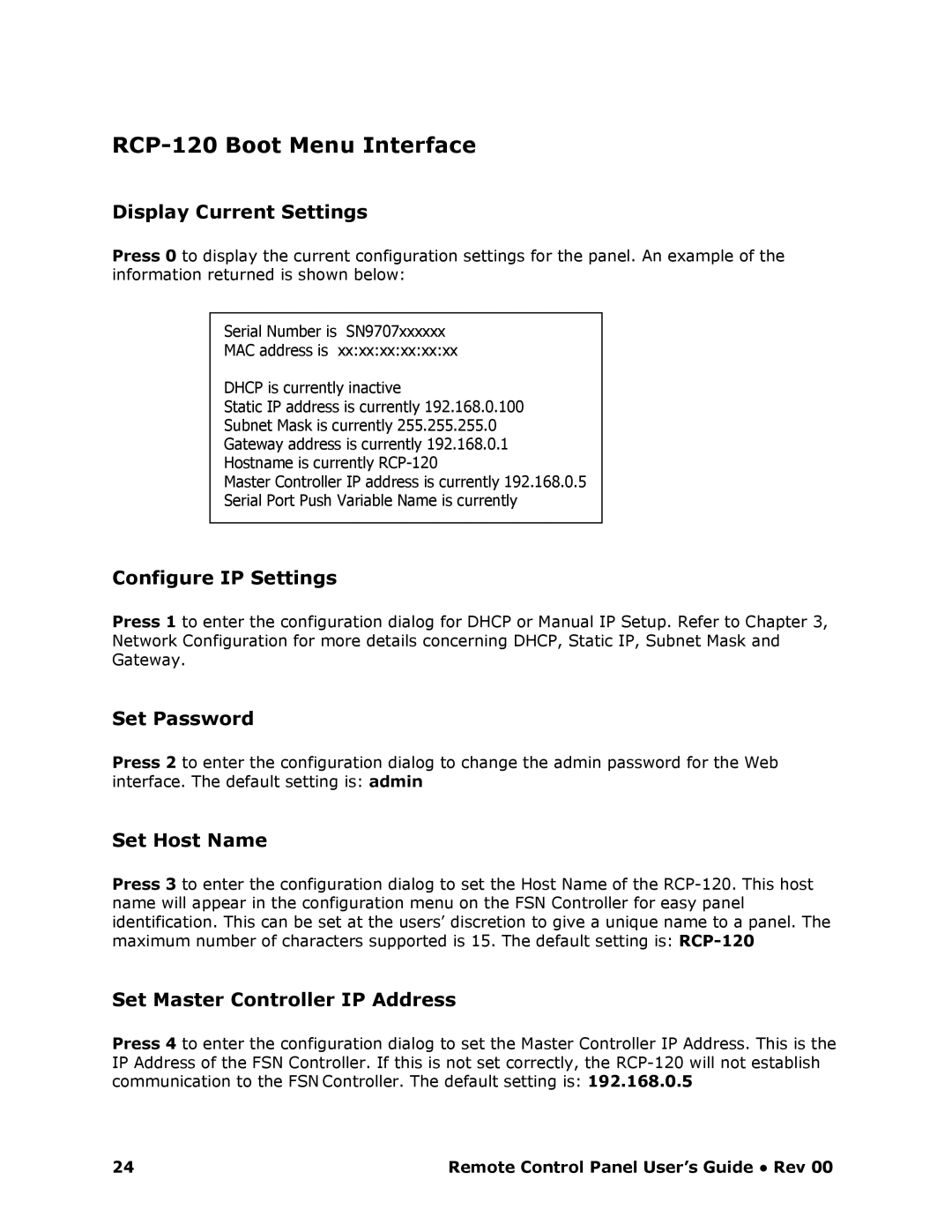 Barco RCP-120 manual RCP120 Boot Menu Interface 