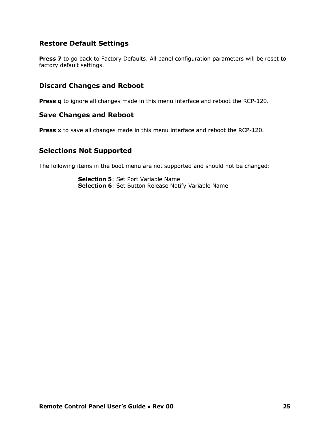Barco RCP-120 Restore Default Settings, Discard Changes and Reboot, Save Changes and Reboot, Selections Not Supported 