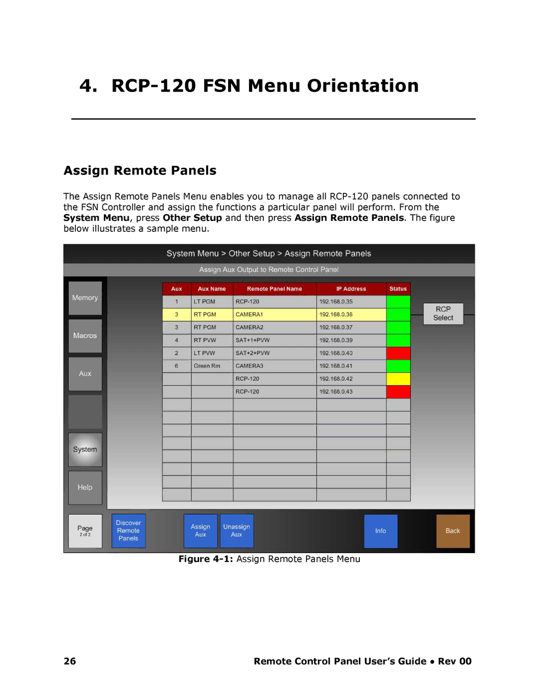 Barco RCP-120 manual RCP120 FSN Menu Orientation, Assign Remote Panels 