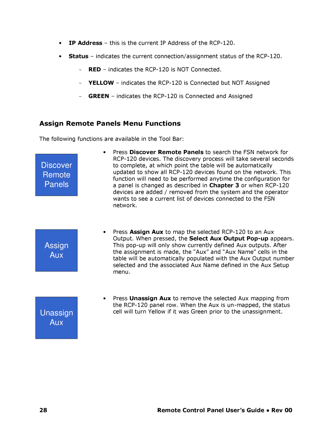 Barco RCP-120 manual Discover Remote Panels Assign Aux Unassign, Assign Remote Panels Menu Functions 