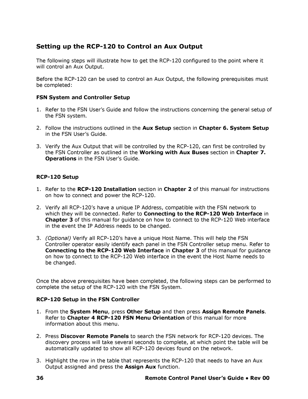 Barco RCP-120 manual Setting up the RCP120 to Control an Aux Output, FSN System and Controller Setup, RCP20 Setup 