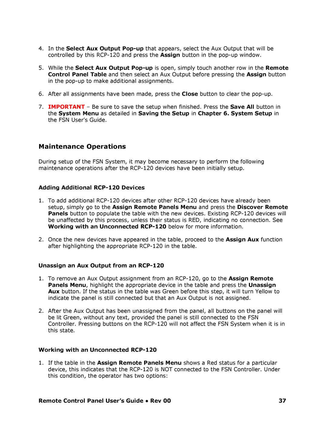 Barco RCP-120 manual Maintenance Operations, Adding Additional RCP20 Devices, Unassign an Aux Output from an RCP20 