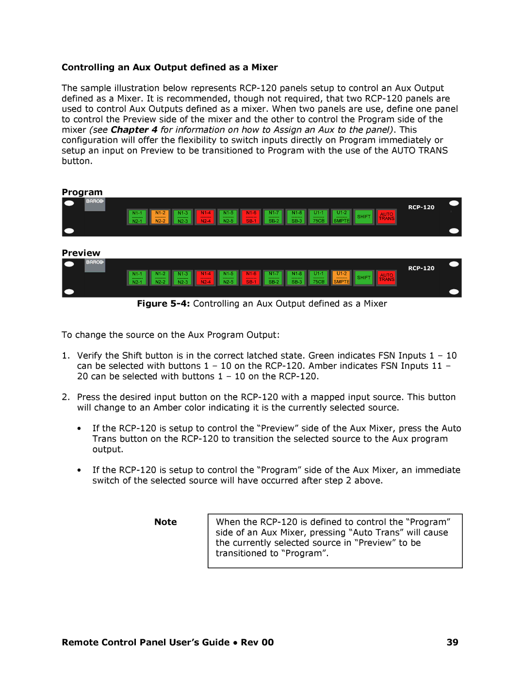 Barco RCP-120 manual Controlling an Aux Output defined as a Mixer, Program Preview 