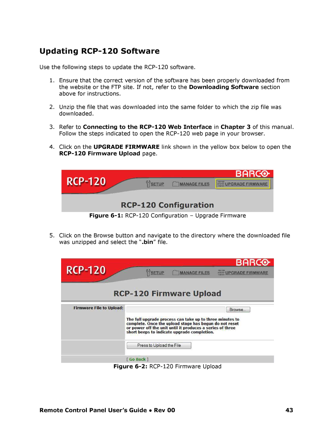 Barco RCP-120 manual Updating RCP120 Software, RCP20 Firmware Upload 